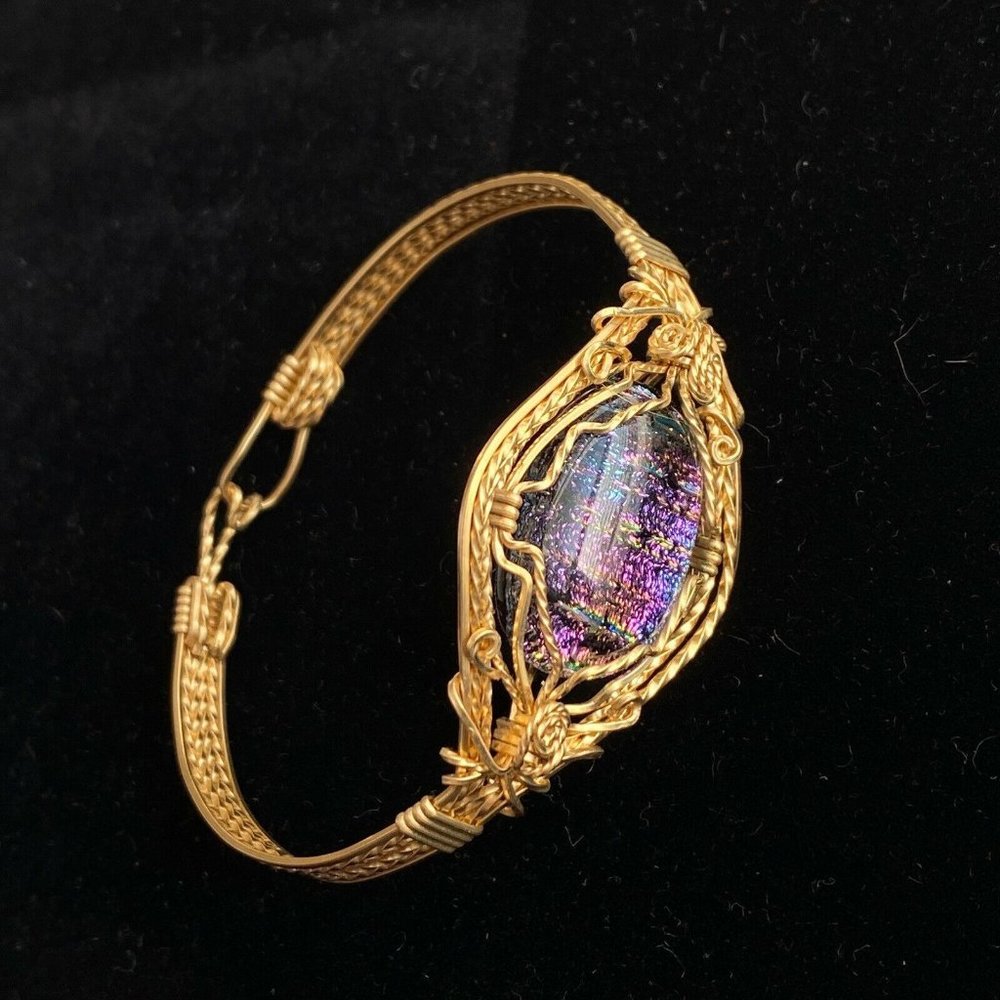 Wrapped Dichroic Glass Cabochon Bracelet Purple Blue Gold Filled Wire 6 1/4”